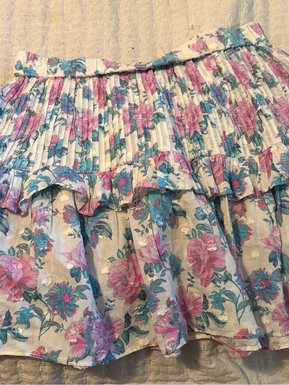 LoveShackFancy Floral Tiered Ruffle Mini Skirt – Pastel Pink & Blue